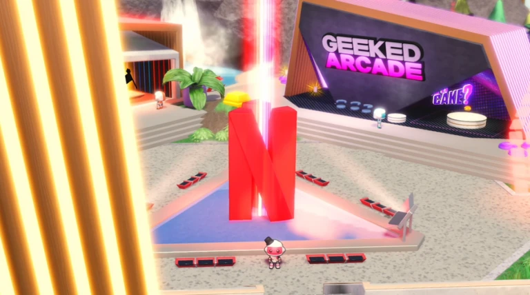 Netflix Nextworld Hub inside Roblox. A large "N" in the center separates the possible paths possible to follow to guide the player
