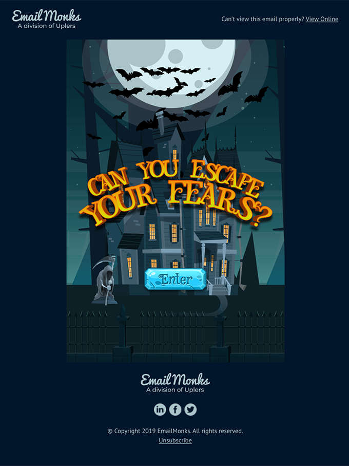 A mini game in a person's email. The screen is the entrance to a horror mansion with bats flying over the house and a figure to represent the grim reaper are on the screen. It has a text written "can you escape your fears" with an "enter" button right at the bottom