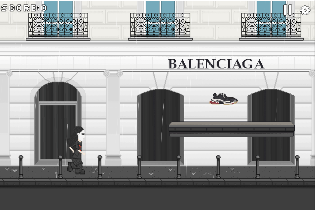An 8-bit platform mini game where an avatar of the artist BFRND has to run while avoiding obstacles and collecting items from the Balenciaga brand