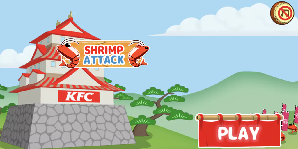The home screen of the KFC mini game where there are shrimps, a Japanese temple and a start button