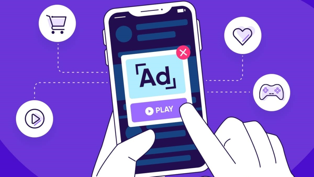A purple background with a cell phone in the middle. On the cell phone screen is written "AD" the shortened version of the advertisement. Also below it says "play" to indicate that this ad is actually a playable ad
