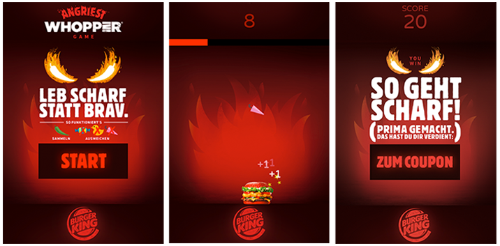 Three prints of different parts of the same Burger King playable ad. The first is to attract the public's attention with instructions and a "Start" button. The second is a gameplay demonstration that consists of collecting the ingredients needed to make a Whopper. The third is a call to action along with a coupon to direct the player to the nearest store