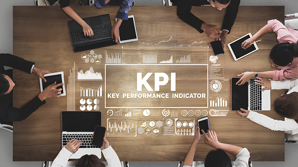 The seventh image shows a top-down view of a group of people sitting around a large wooden table, each using various electronic devices like laptops, tablets, and smartphones. In the center of the table, the words "KPI" (Key Performance Indicator) are prominently displayed, surrounded by various graphical elements such as charts, graphs, and data visualizations. These elements emphasize the focus on tracking and measuring key performance indicators within a business or team setting.