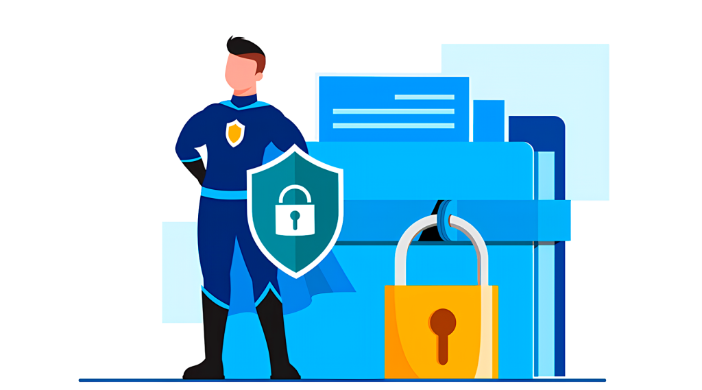 An illustration depicting a superhero figure standing confidently with a shield that has a padlock symbol on it. The background includes large files or folders and another padlock, representing security and protection of data or information. The superhero's outfit and stance symbolize strength and reliability in safeguarding digital content.