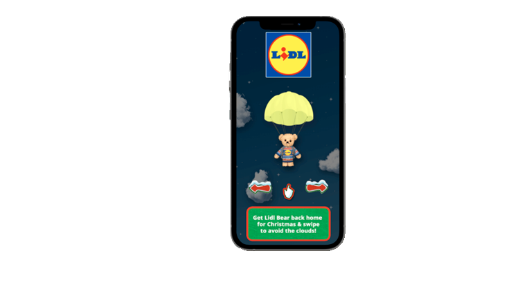 "Mobile phone displaying a playable ad for Lidl featuring a bear parachuting. The game involves guiding the bear by swiping to avoid clouds, with instructions to get Lidl Bear back home for Christmas."