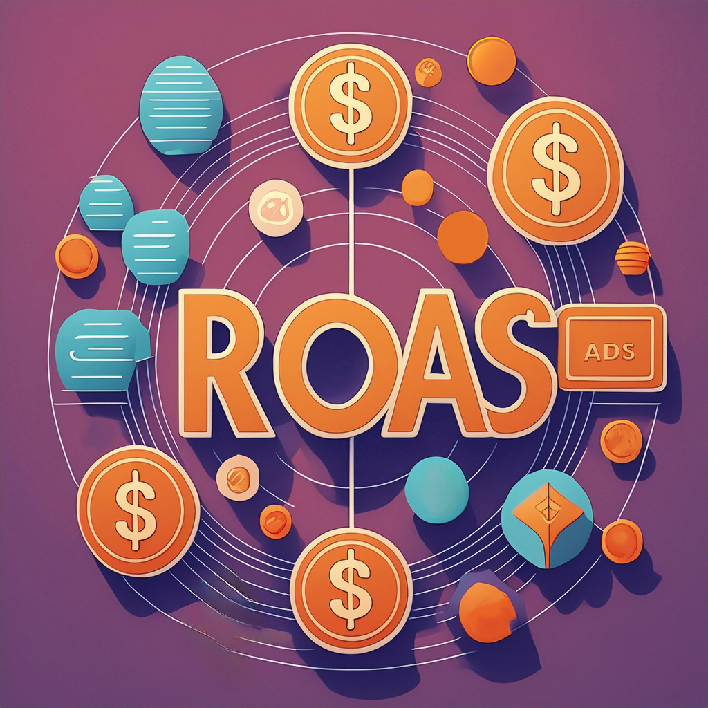 The image depicts the concept of "ROAS" (Return on Ad Spend) with visual elements including dollar signs and symbols related to advertising. The background features a purple color with interconnected circular lines and various orange and blue icons representing financial and advertising elements.