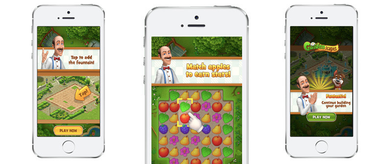 Three smartphones displaying screenshots of a mobile game advertisement for "Gardenscapes."

The first phone shows an in-game task with the text "Tap to add the fountain!" and a yellow "PLAY NOW" button.
The second phone displays a match-3 puzzle game where the player must "Match apples to earn stars!" with colorful fruits on the screen.
The third phone shows a congratulatory message "Fantastic! Continue building your garden" with the same character from the game and a "PLAY NOW" button.
Each screen features a cheerful character in a white shirt and bow tie, guiding the player through different stages of the game. The background shows garden-themed elements, emphasizing the gardening and puzzle-solving aspects of the game.