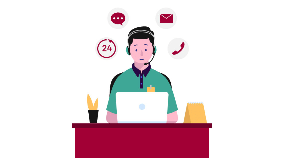 The image depicts a customer support or service representative at a desk, engaging in various forms of communication. Here are the key elements:

Support Representative:

A person is sitting at a desk, wearing a headset with a microphone, indicating they are involved in customer support or service.
Laptop:

The representative is working on a laptop, suggesting digital or online communication.
Communication Icons:

Several icons float around the representative's head, indicating the various methods of communication available:
A speech bubble (chat or messaging)
An email envelope (email communication)
A telephone (voice calls)
A clock with "24" (24-hour availability or support)
Desk Items:

The desk has a few items such as a small plant and a notepad, adding a realistic touch to the workspace environment.
This image effectively conveys the idea of customer support and service, highlighting the different channels through which customers can seek assistance, emphasizing availability and responsiveness.