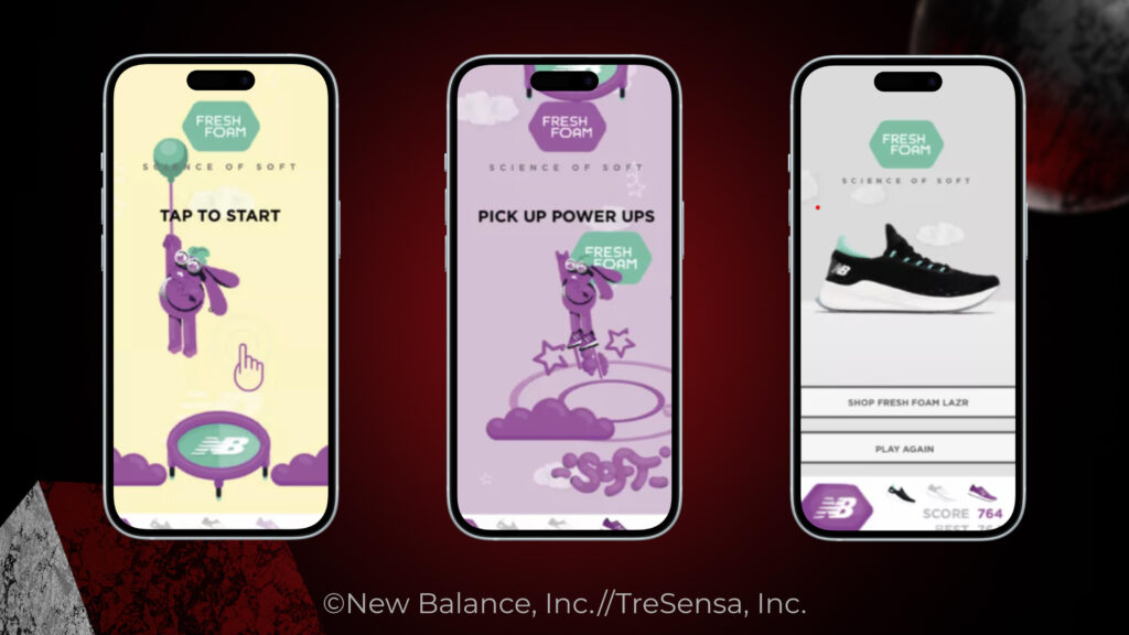 Three smartphones displaying a playable ad for New Balance Fresh Foam sneakers.

The first phone shows the game start screen with the text "TAP TO START" and a character holding a balloon, ready to jump onto a trampoline with the New Balance logo.
The second phone shows in-game action where the character collects power-ups labeled "FRESH FOAM" while floating in the sky.
The third phone displays the game’s end screen featuring the New Balance Fresh Foam sneaker with options to "SHOP FRESH FOAM LAZR," "PLAY AGAIN," and the player's score at the bottom.
The overall design is vibrant and playful, emphasizing the soft and comfortable theme of the Fresh Foam shoes. The background includes clouds and soft, rounded graphics, aligning with the "Science of Soft" campaign.