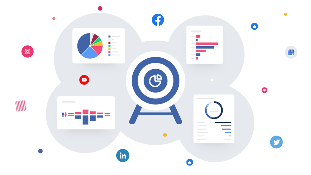 The image is a visual representation of social media analytics, focusing on data-driven insights across multiple platforms. Here are the key elements:

Central Target Icon:

At the center of the image, there is a target icon with a pie chart inside it, symbolizing the core concept of data analytics and goal tracking.
Surrounding Charts:

Around the central target, there are four different types of charts, each representing various forms of data analysis:
Top Left: A pie chart with different colored segments, likely representing the distribution of data across various categories.
Top Right: A bar chart with two colors (red and blue), indicating comparisons between different data points.
Bottom Left: A demographic chart showing gender distribution across age groups.
Bottom Right: A circular progress chart with sections filled in, possibly representing the completion rate or performance metrics.
Social Media Icons:

Scattered around the charts are icons for various social media platforms, including:
Facebook (top center)
Instagram (top left)
YouTube (bottom center)
LinkedIn (bottom right)
Twitter (bottom right)
Additional icons, such as a thumbs-up and a Google My Business icon, are also present.
Background and Design:

The background is light gray with subtle abstract shapes, creating a clean and professional look.
The use of bright and distinct colors for the charts and icons helps in easily identifying different data points and social media platforms.
This image effectively conveys the concept of integrating social media analytics to gain insights and track performance across various channels.