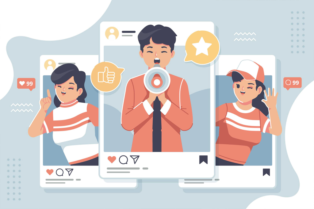 The image showcases a social media theme with three illustrated characters each framed within a stylized social media post. Here are the key elements:

Characters in Social Media Frames:

The central character, holding a megaphone, suggests the act of broadcasting or spreading a message, likely symbolizing a content creator or influencer.
The two side characters, both showing positive gestures (one with a thumbs up and the other waving), represent engagement and interaction with content.
Social Media Icons and Interactions:

Each post frame includes typical social media icons like hearts (likes), speech bubbles (comments), and bookmark icons, suggesting saved or favorite content.
Icons indicating the number of likes (99+) and comments are present, emphasizing high engagement.
Background and Design:

The background features subtle, light-toned designs with abstract shapes, keeping the focus on the characters and their social media posts.
The image overall represents the concept of social media engagement, influencer marketing, and the interaction between content creators and their audience.