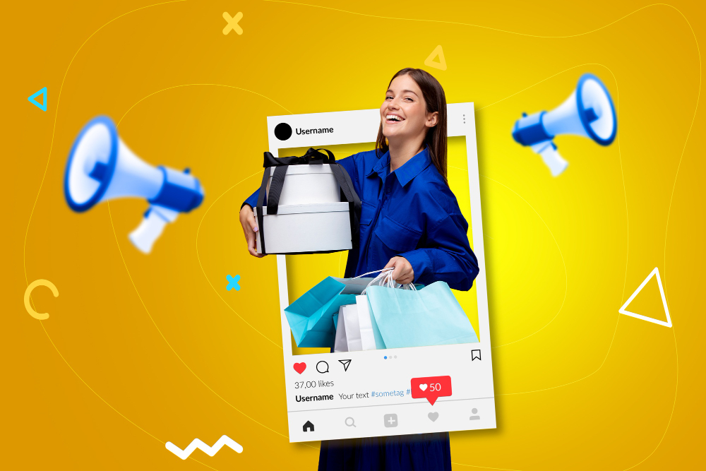 The image features a vibrant and dynamic visual representation of social media marketing and influencer activity. Here are the key elements:

Central Figure:

A young woman is prominently featured, smiling and holding multiple shopping bags and gift boxes. Her expression and the items she holds suggest excitement and a positive shopping experience.
Social Media Post Frame:

The woman is framed within a stylized social media post, complete with a profile picture placeholder, a username section, and interactive elements like likes (hearts) and comments.
The post shows 37,00 likes and 50 comments, indicating high engagement.
Megaphone Icons:

Two megaphone icons are positioned on either side of the image, symbolizing the broadcasting of messages, likely related to promotion or advertising. The use of megaphones reinforces the