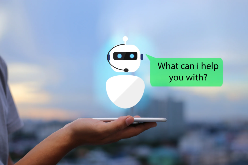 The second image shows a hand holding a smartphone with a holographic projection of a chatbot above it. The chatbot has a simple, friendly design with a smiling face and a speech bubble that says, "What can I help you with?" The background is a blurred cityscape with a serene sky, emphasizing the futuristic and helpful nature of technology, particularly AI and virtual assistants used in digital marketing.

