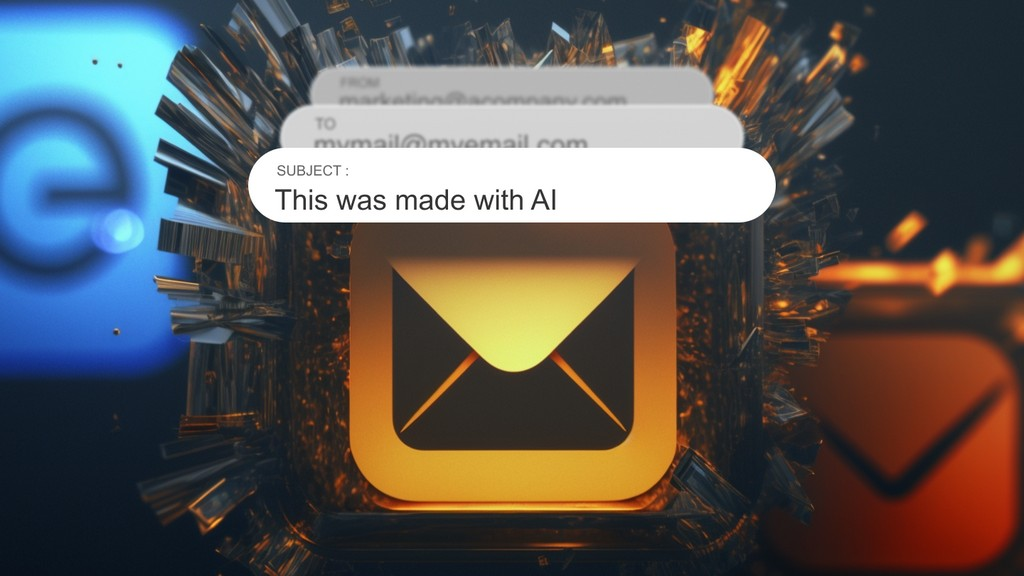 The third image features an email icon with a message bubble. The email icon is depicted with a glowing effect, surrounded by geometric, crystalline structures, suggesting a high-tech or futuristic aesthetic. The message bubble has the subject line "This was made with AI," highlighting the involvement of artificial intelligence in the creation process. The background includes blurred elements, enhancing the focus on the email icon and the AI-generated message.

