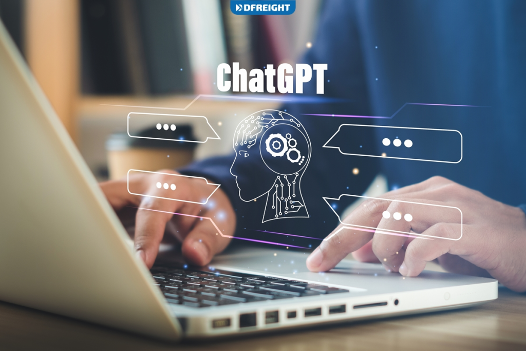 The fifth image features a person typing on a laptop, with the title "ChatGPT" prominently displayed above a digital illustration of a human head filled with gears and circuit-like patterns, symbolizing artificial intelligence and machine learning. Surrounding the head are speech bubbles, indicating a conversation or interaction, which is typical of chatbot interfaces. The overall theme emphasizes the role of ChatGPT in facilitating AI-driven communication and support.

