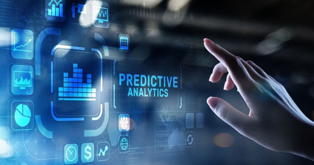 The sixth image illustrates a hand interacting with a digital interface, highlighting the concept of "Predictive Analytics." The screen displays various icons and graphs representing data analysis and forecasting. The background has a futuristic and high-tech feel, emphasizing the advanced nature of predictive analytics. The overall theme focuses on the utilization of technology to analyze data and make informed predictions.

