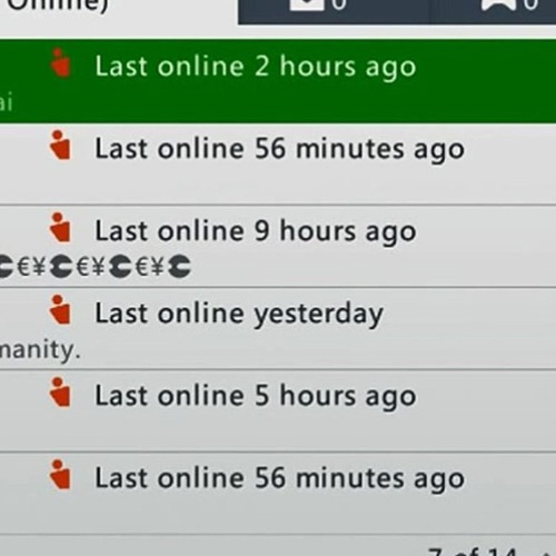 The fourteenth image shows a user interface with a list of statuses indicating the last time different users were online. Each status includes a small icon of a person and the text "Last online" followed by the time elapsed since the user was last active. The statuses are:

Last online 2 hours ago (highlighted in green)
Last online 56 minutes ago
Last online 9 hours ago
Last online yesterday
Last online 5 hours ago
Last online 56 minutes ago
This layout is commonly found in online platforms or messaging applications to show the last activity of users.