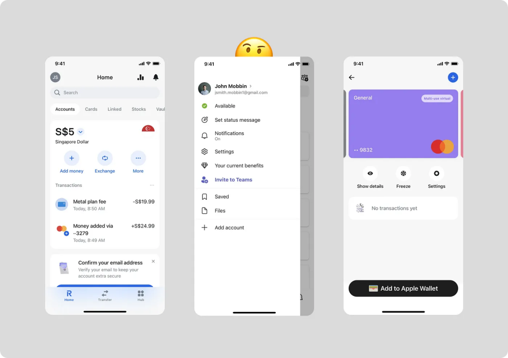 The twenty-third image displays three mobile screens showcasing different aspects of a financial or banking app's user interface:

First Screen (Home):

Displays account balance in Singapore Dollars (S$5).
Options to add money, exchange, and more.
A list of recent transactions, including a metal plan fee and money added.
A prompt to confirm the user's email address for extra security.
Second Screen (Profile/Menu):

Shows the user profile with options for availability, status message, notifications, settings, current benefits, and an invitation to join Teams.
Options to view saved items, files, and add another account.
Third Screen (Card Details):

Displays a virtual card with options to show details, freeze, and settings.
No transactions yet displayed.
An option to add the card to Apple Wallet.
An emoji with a thinking expression is placed above the middle screen, possibly indicating contemplation or decision-making.