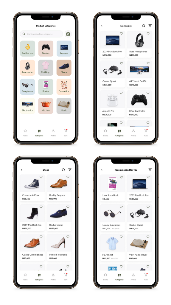 The twenty-fourth image displays four mobile screens showcasing different sections of an e-commerce app's user interface. Here are the details:
