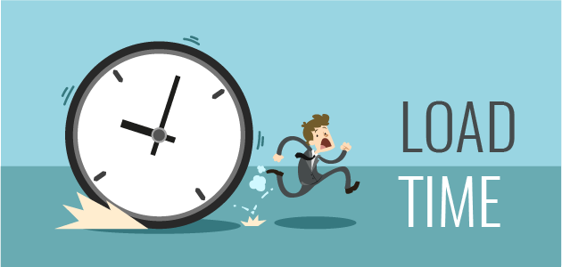 The image is a playful illustration emphasizing the concept of "Load Time." The design features:

A large, cartoon-style clock tilted forward, creating a sense of urgency and speed.
A cartoon businessman running frantically away from the clock, illustrating the stress and importance of reducing load time.
The words "LOAD TIME" are displayed in large, bold text to the right of the illustration.
The background is divided into two shades of blue, providing a clean and simple backdrop that keeps the focus on the main elements of the illustration.