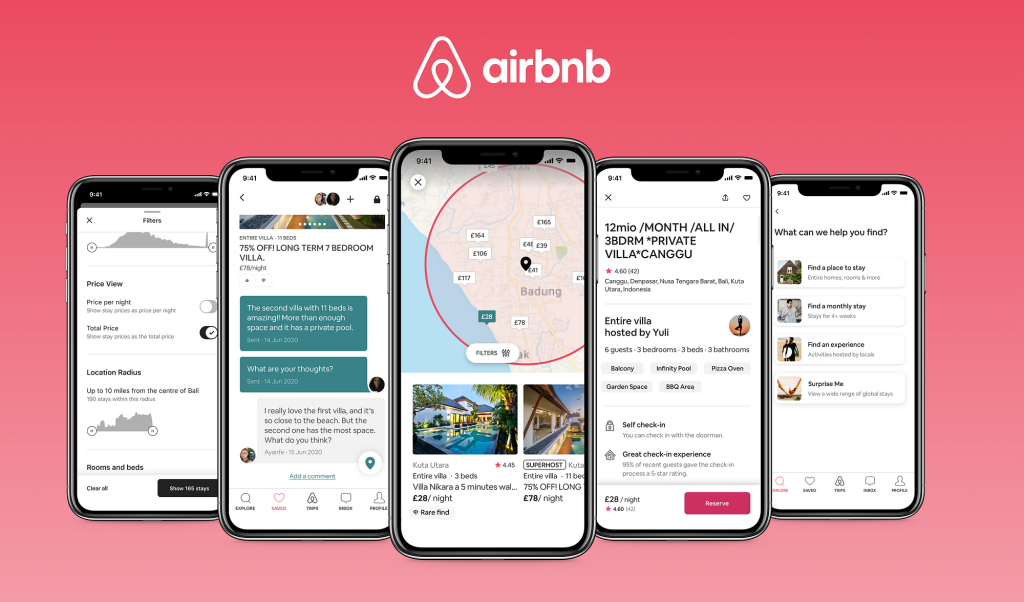 displays five mobile screens showcasing different features of the Airbnb app's user interface. Here's a breakdown of each screen:

First Screen (Filters):

Allows users to filter search results by price view, total price, location radius, and number of rooms and beds.
Users can set specific criteria such as price per night and distance from a central location.
Second Screen (Listing Details and Chat):

Displays a listing for "75% OFF LONG TERM 7 BEDROOM VILLA."
Shows details about the villa and a chat interface where users can ask questions or discuss the listing.
Third Screen (Map View):

Shows a map with various property listings marked by price.
Allows users to explore properties in a specific area visually.
Fourth Screen (Property Details):

Detailed view of a listing for a villa, including price, amenities, reviews, and booking options.
Shows the availability and features like self-check-in, guest capacity, and more.
Fifth Screen (Help and Suggestions):

Offers help options and suggestions such as finding a place to stay, finding a monthly stay, and finding an experience.
Provides quick access to different sections of the app based on user needs.
The background features the Airbnb logo and a pink gradient, reinforcing the brand identity. The layout is clean and user-friendly, designed to facilitate easy navigation and interaction with the app.