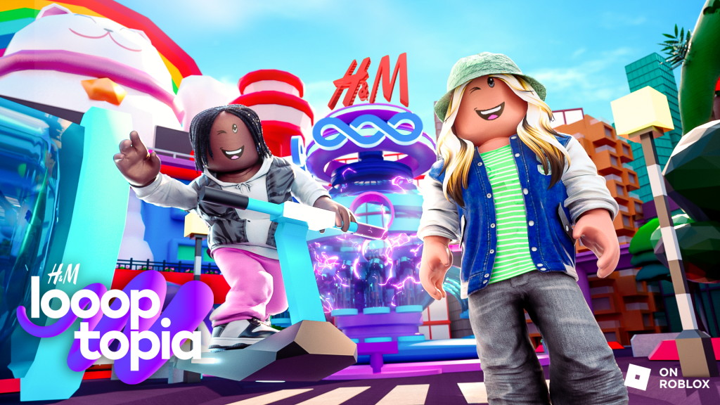 The image you uploaded appears to be a promotional graphic for "H&M Loooptopia," a virtual experience on the Roblox platform. Here is a detailed breakdown of the image:

Characters:

The image features two Roblox-style avatars.
The avatar on the left is riding a futuristic scooter or hoverboard, dressed in casual clothing with braids.
The avatar on the right is wearing a green bucket hat, a striped green and white shirt, a denim vest, and jeans, smiling and standing confidently.
Background:

The background is colorful and vibrant, with a whimsical, cartoon-like environment.
There is a large H&M logo at the center, indicating the brand's presence.
The setting includes various buildings, a rainbow, and possibly a stylized cat figure, suggesting a fun and engaging virtual world.
Text and Logos:

In the bottom left corner, there is the "H&M Loooptopia" logo, which has a playful font with purple and pink hues.
In the bottom right corner, there is the Roblox logo, indicating the platform where this experience is hosted.
Overall Theme:

The image conveys a sense of excitement and adventure, aligning with the immersive and interactive nature of Roblox experiences.
The avatars and environment suggest a virtual world where users can explore and engage with H&M's brand in a new and innovative way.