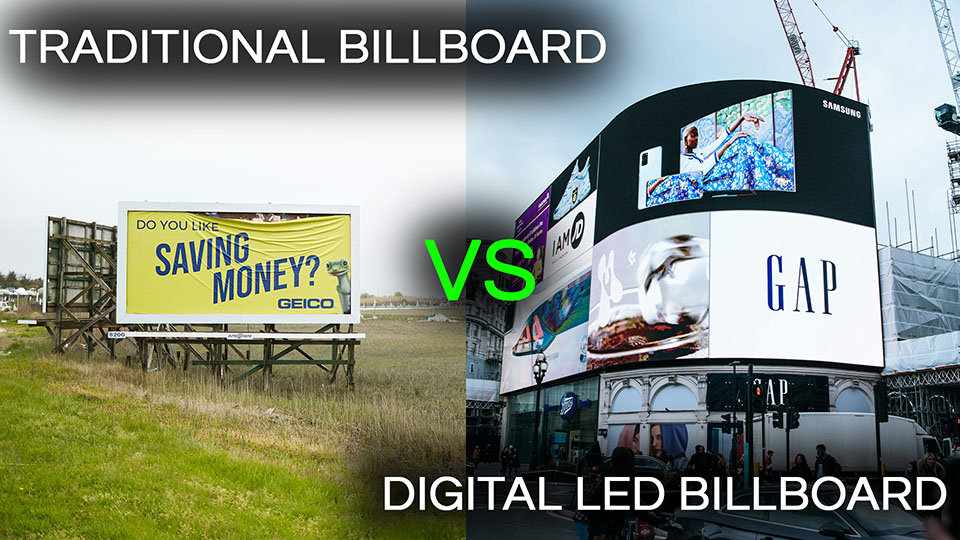 The image compares two types of billboards: a traditional billboard and a digital LED billboard.

On the left side, the traditional billboard is situated in a grassy field, displaying an advertisement for Geico with the text "DO YOU LIKE SAVING MONEY?" against a yellow background. The billboard is static and weathered, indicative of its fixed and unchanging nature.

On the right side, the digital LED billboard is located in an urban environment, showcasing multiple dynamic advertisements including brands like Samsung and GAP. The digital billboard is vibrant and capable of displaying changing content, offering a modern and versatile approach to advertising.

The text "TRADITIONAL BILLBOARD" is positioned at the top of the left side, and "DIGITAL LED BILLBOARD" is at the top of the right side. The word "VS" in green is placed in the center, highlighting the comparison between the two types of billboards.