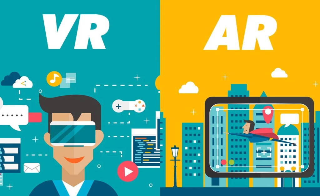 Alt text: An illustration comparing Virtual Reality (VR) and Augmented Reality (AR). On the left, a person wearing VR goggles immersed in a digital environment with icons representing different digital elements. On the right, a person using a smartphone to view augmented reality elements overlaying a cityscape, showcasing how AR integrates digital content with the real world. The background colors are teal for VR and yellow for AR.