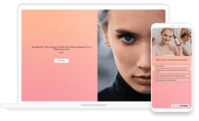 A laptop and a smartphone displaying an interactive skincare quiz, helping users to find their perfect skincare routine based on their preferences and needs. The interface is sleek and inviting, encouraging active participation for personalized product recommendations.