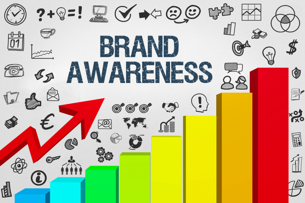 A colorful bar graph with icons representing various business and marketing concepts, highlighting the increasing levels of "Brand Awareness" with an upward red arrow indicating growth and success.