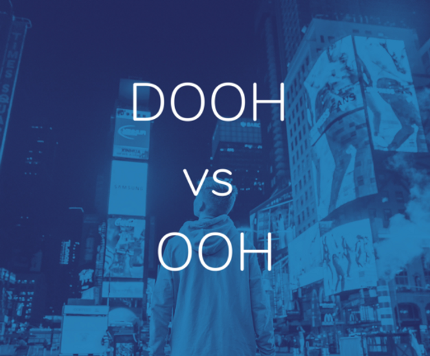A person standing in front of multiple digital billboards at night in a city, with the text "DOOH vs OOH" prominently displayed over the image. The image showcases the contrast between Digital Out-of-Home (DOOH) and traditional Out-of-Home (OOH) advertising, highlighting the vibrant, illuminated digital screens compared to the static posters. The overall tone is blue, emphasizing a modern, technological atmosphere.