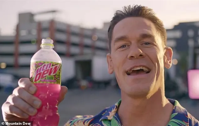 "John Cena holding a bottle of Mountain Dew Major Melon, promoting the vibrant pink drink in a casual outdoor setting."