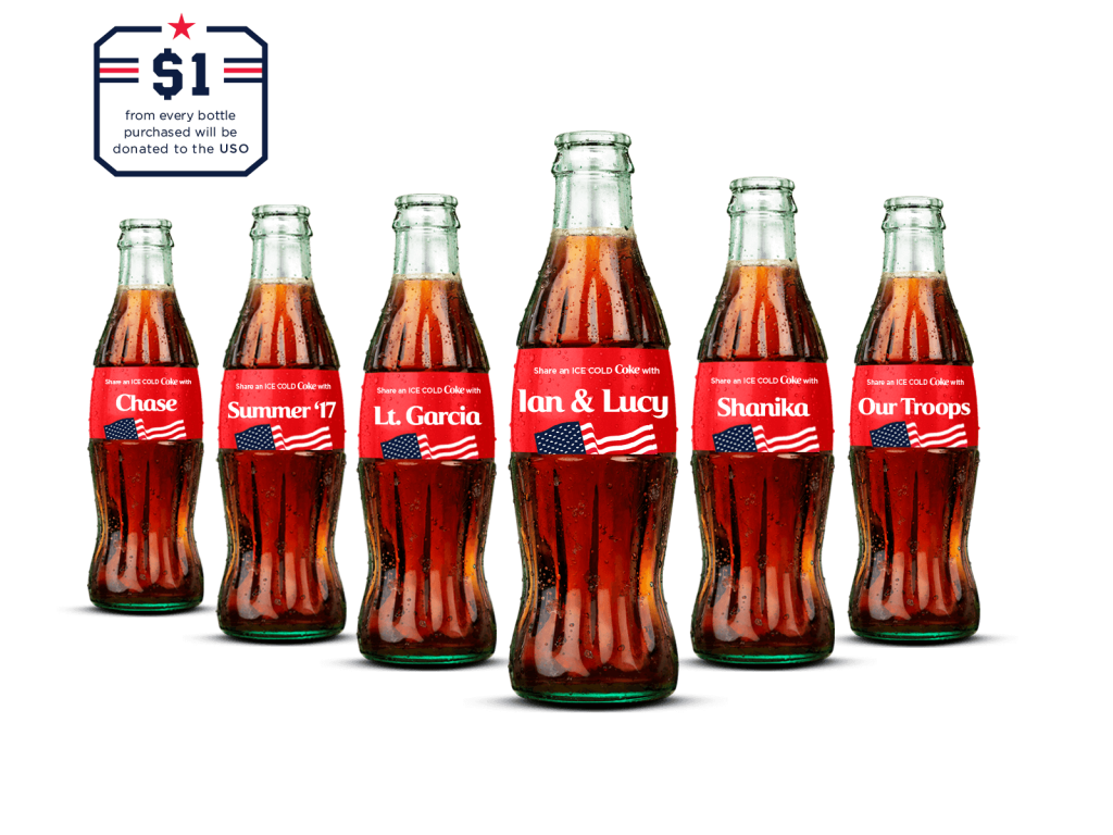 "Coca-Cola bottles with custom labels featuring names and patriotic designs, promoting a campaign where $1 from every bottle purchased is donated to the USO."