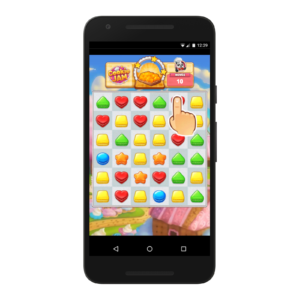 The image shows a smartphone displaying a colorful puzzle game. The game interface features a grid filled with various shapes and colors, including red hearts, yellow triangles, green squares, blue circles, and orange stars. There is a hand icon pointing to one of the shapes, indicating a move or selection in the game. At the top of the screen, there are game-related icons and a counter showing "10".

This image represents a mobile puzzle game where players match shapes and colors to progress, commonly found in casual gaming apps.
