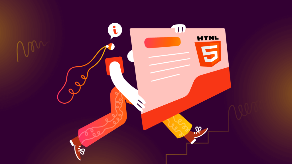 Illustration of a person carrying an HTML5 card up the stairs, symbolizing the advancement and adoption of HTML5 in web development.