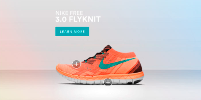 HTML5 banner ads for Nike Free 3.0 Flyknit showcasing clickable hotspots for detailed product information, with a 'Learn More' button for further engagement.