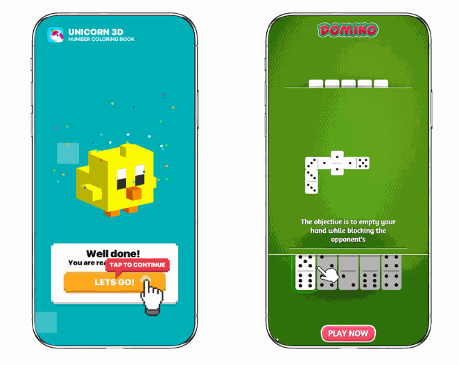 Two examples of interactive mobile advertisements made in HTML5 banner ads: one for Unicorn 3D featuring a congratulatory message and a 'Let's Go!' button, and another for Domino showcasing a gameplay demo with a 'Play Now' button.