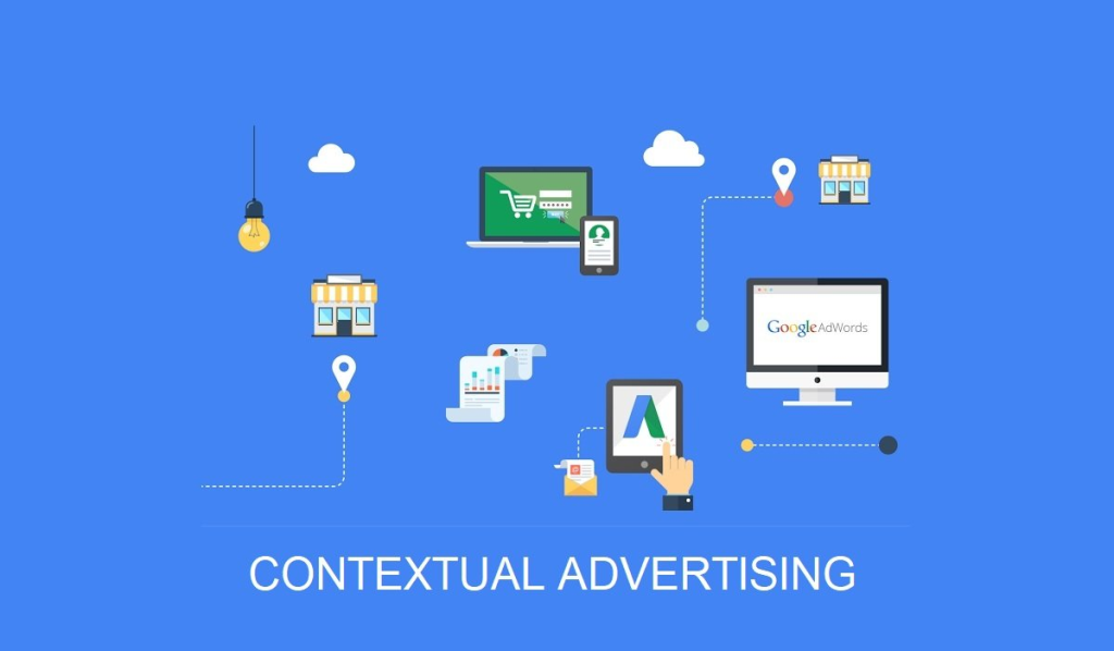 Illustration depicting contextual advertising, showing various icons representing different digital advertising elements, such as a shopping cart, Google AdWords, a computer, and location markers, connected by dotted lines on a blue background.