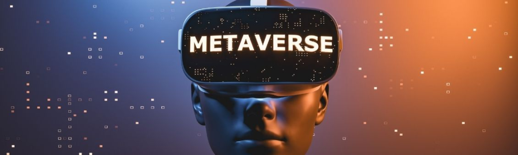 Illustration of a person wearing a virtual reality headset with the word 'Metaverse' displayed on it, against a backdrop of digital particles and a gradient blue to orange background, representing the concept of the Metaverse.