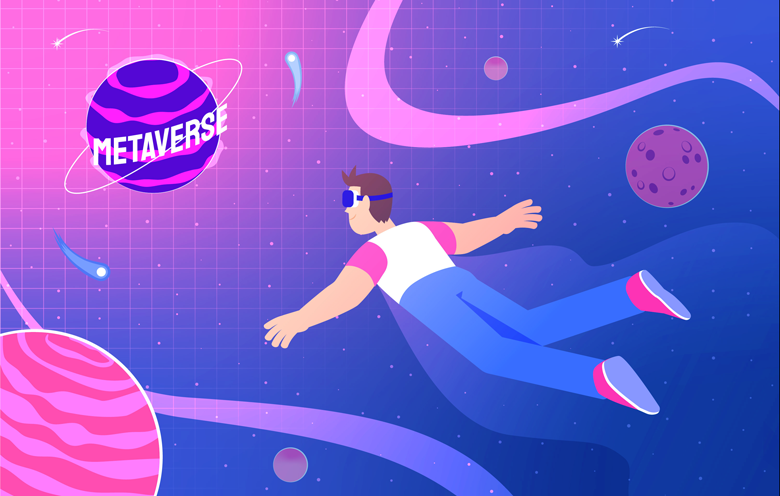 Illustration of a person floating in a cosmic-like digital space, wearing a VR headset, with a stylized 'Metaverse' planet in the background, surrounded by vibrant, swirling lines and celestial objects, symbolizing the immersive experience of the Metaverse.