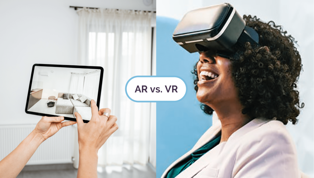 Comparison image depicting Augmented Reality (AR) vs. Virtual Reality (VR). On the left, a person holds a tablet displaying a virtual layout of furniture in a real room, representing AR. On the right, a woman wearing VR goggles smiles, immersed in a virtual environment, representing VR