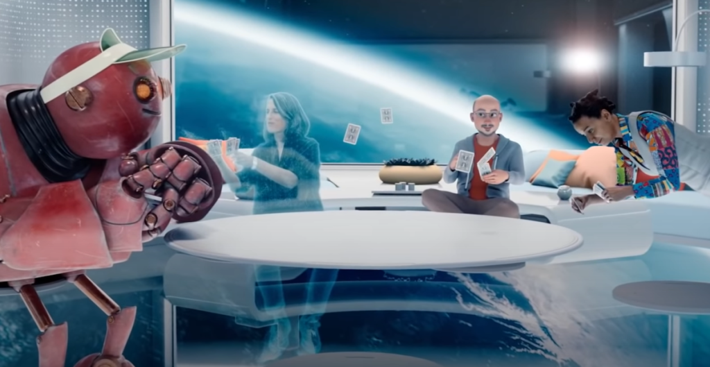 A futuristic scene featuring a robot and three people represented as holograms or digital avatars sitting around a table playing cards in a space-like environment with a view of Earth in the background.