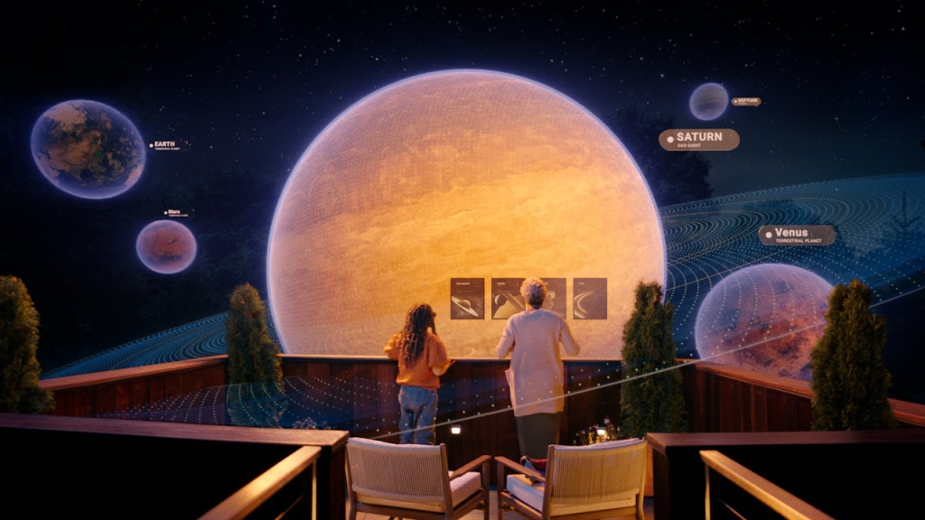 Two people standing on a balcony, gazing at a digital simulation of the solar system with labeled planets including Earth, Mars, Venus, and Saturn, against a backdrop of a starry night sky.