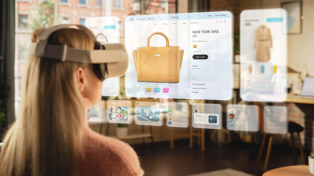 A woman wearing a VR headset, engaging in a virtual shopping experience with floating interactive holographic interfaces displaying various products, including a handbag labeled 'New York Bag' and other clothing items.