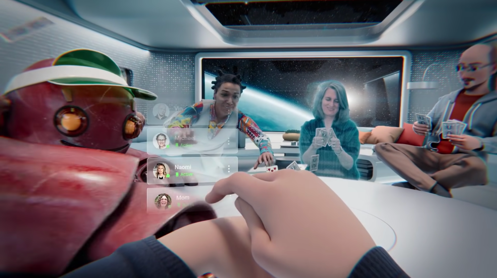 A scenario within the metaverse where a person is playing cards with a group of friends and a robot in a virtual space setting, with holographic interfaces displaying the names and statuses of the players.