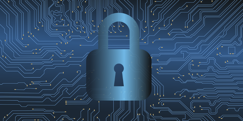 A digital illustration featuring a lock symbol overlaid on a background of interconnected circuits, representing cybersecurity and data protection