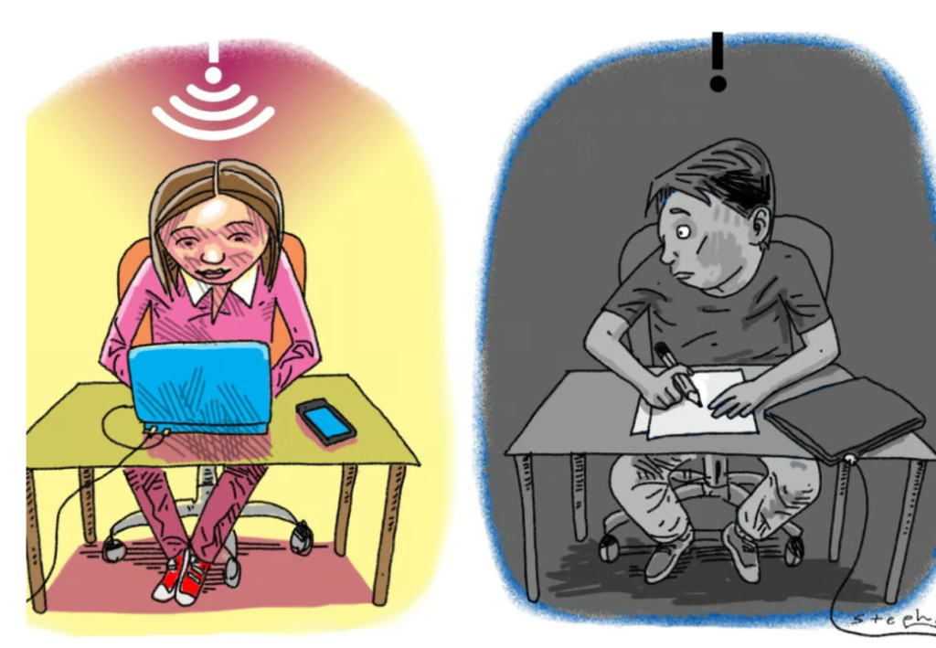 A colorful illustration depicting a girl happily working on a laptop under a bright light with a Wi-Fi symbol above her, contrasted with a grayscale depiction of a boy writing on paper in a dimly lit area with an exclamation mark above his head, highlighting the differences in access to technology.