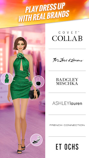 Screenshot of the Covet Fashion mobile game showcasing a virtual model wearing a green dress. The image highlights collaborations with real fashion brands including For Love & Lemons, Badgley Mischka, ASHLEYlauren, French Connection, and ET OCHS. The text reads 'Play Dress Up with Real Brands'.