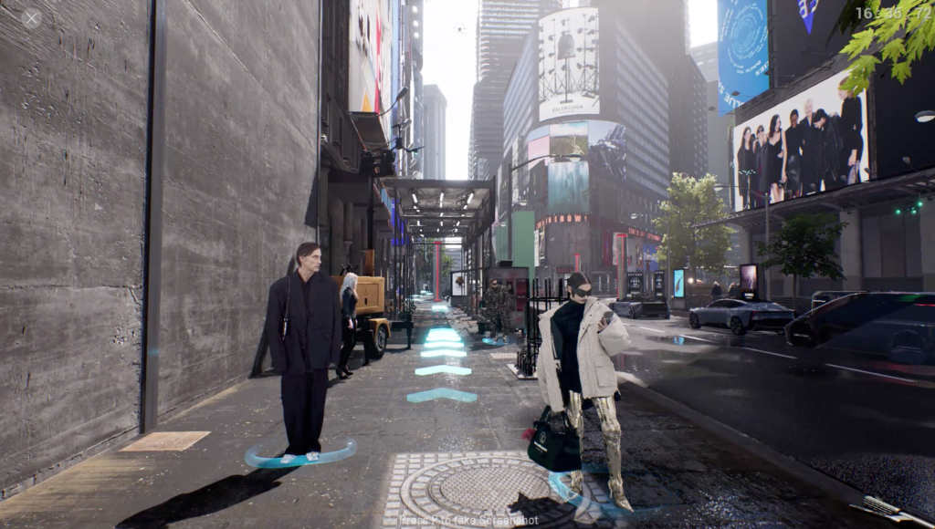 Screenshot from Balenciaga's virtual game showcasing a futuristic cityscape. The image features virtual models wearing high-fashion Balenciaga outfits, including a model in a black suit and another in a white coat with metallic pants. Digital billboards displaying Balenciaga advertisements can be seen in the background.