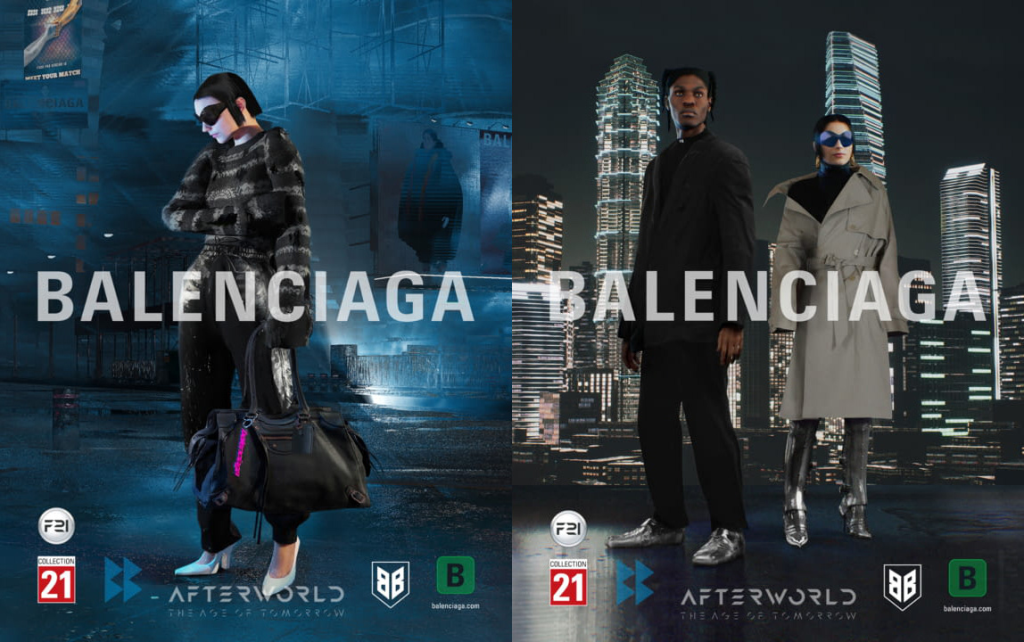 Advertisement for Balenciaga's F21 Collection, featuring models in futuristic outfits against a cityscape backdrop with the branding and logo of 'Afterworld: The Age of Tomorrow.